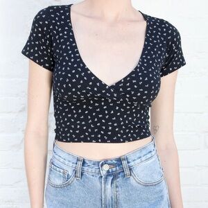 brandy melville amara top navy blue floral cotton tee bustier wrap cut one size
